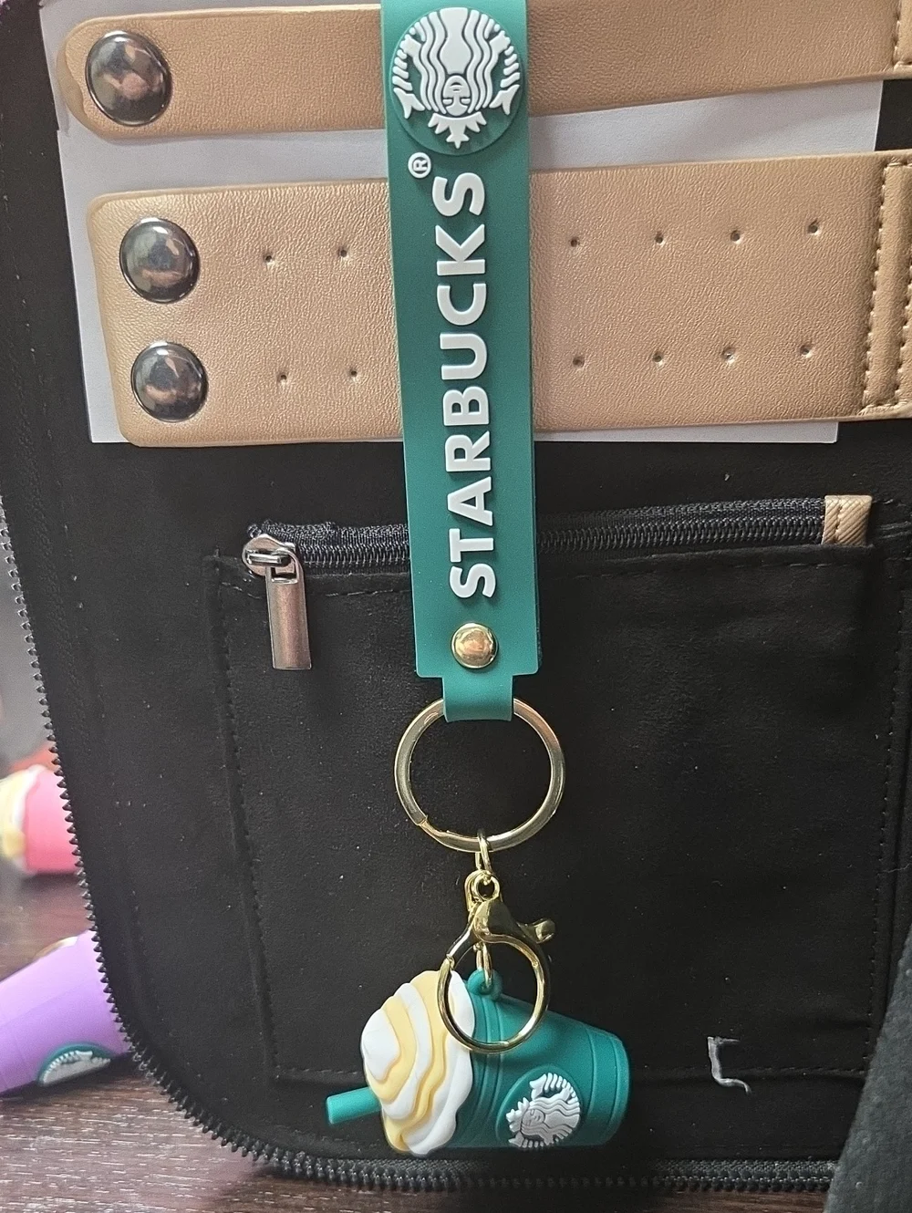 Starbucks Teal Silicone Strap Keychain with Gold Hardware and Frappuccino Charm